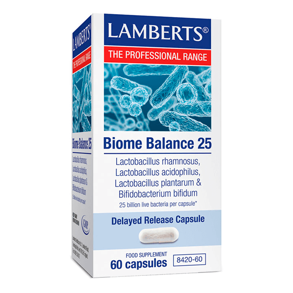 Biome balance 25 embalagem de 60 capsules da marca Lamberts na seção de probioticos